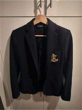 NWOT Ralph Lauren Bullion Navy Blazer with Gold Monogram Crest XS